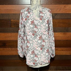No Brand Tag V Neck Long Sleeve Gray Floral Blouse